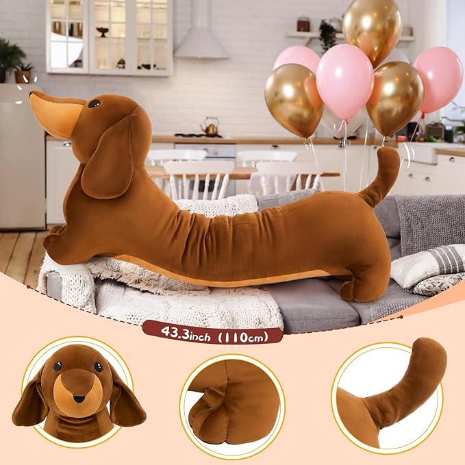 MorisMos Dachshund Stuffed Animal Plush 4ft, 43'' Long Weiner Dog Body Pillow for Kids Adults, USA Designed Realistic Plush Dachshund Toy Giant Stuffed Sausage Dog Toy Gift for Christmas Decor