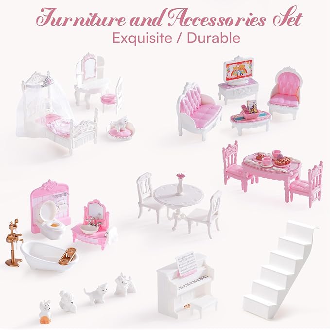 ROBUD Wooden Dollhouse, Doll House Playset with 24-pcs Exquisite Accessories, Working Elevator, Gift for Ages 3+