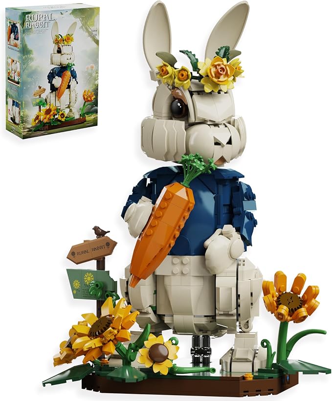 Wonderland Bunny Building Blocks Set, Compatible with Lego Flowers, Creator Cute Rabbit Toys with Carrot & Sunflower Display Base Creative Gift for Adults Home & Office Desk Decor (1258PCS)