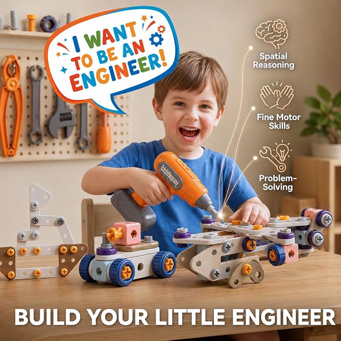 211 Pcs Kids Tool Set for Kids Ages 3-8, STEM Building Toys with Electric Drill & Storage Box, Building & Construction Educational Montessori Birthday Gift for 3 4 5 6 7 8+ Year Old