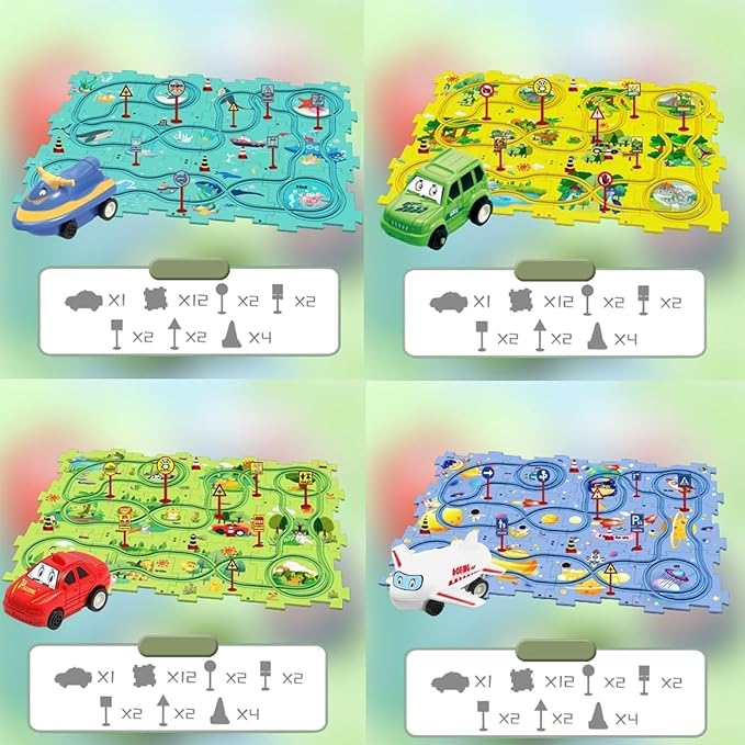 Christmas Stocking Stuffer 4 Sets 4in1 Puzzle Racer Kids Car Track Set,4 Theme Puzzle Racer Car Track Set Puzzle Track Car Play Set Puzzle Raceway Car Track Preschool Gifts for Kids Birthday Gift