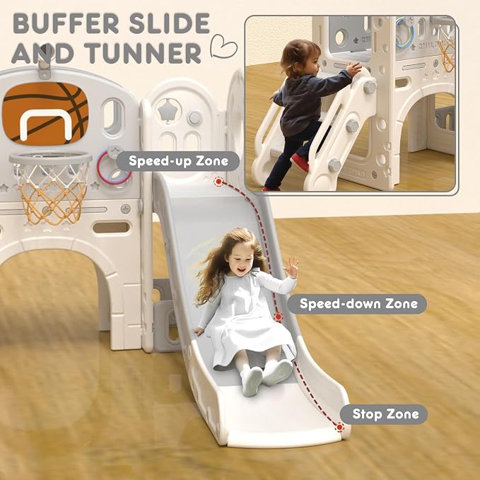 XJD 8 in 1 Toddler Slide Set, Kids Slide for Toddlers Age 1+, Climber Slide PlaySet with Basketball Hoop and Ball,Outdoor Indoor Playground for Toddlers 1-3 (Beige Grey, 8 in 1)