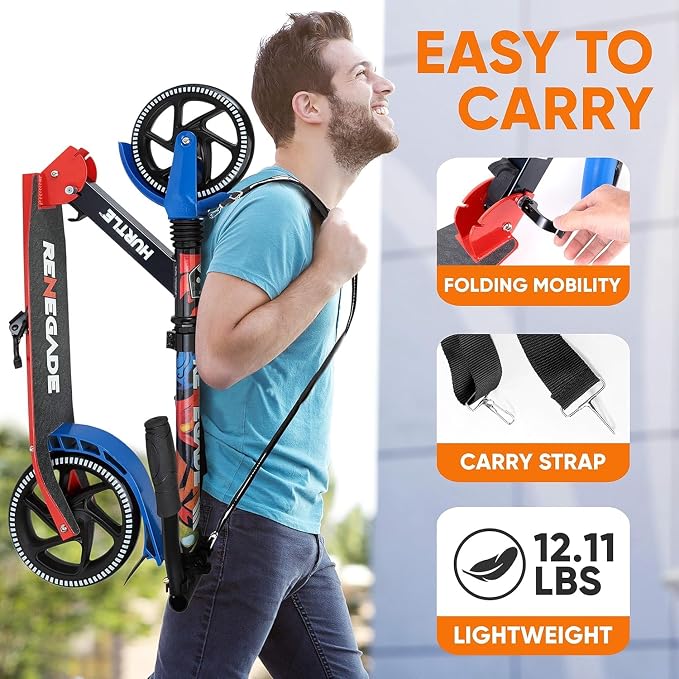 Hurtle Renegade Kick Scooter for Kids, Teenagers & Adults - 2-Wheel Folding Scooter with Adjustable T-Bar Handlebar - Alloy Anti-Slip Deck