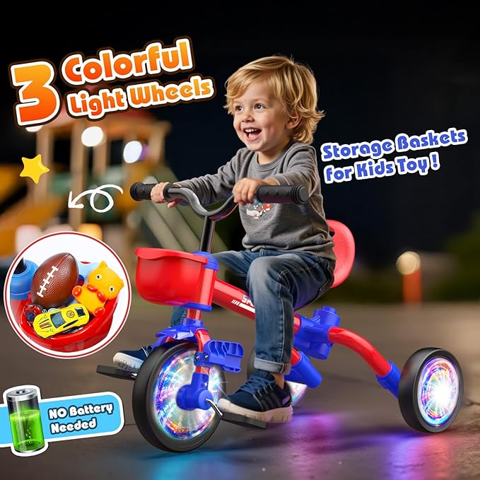 Kkdi 5 in 1 Toddler Bike for 1-5 Year Old, Tricycle with Push Handle, Convertible Baby Balance Bike, Bicycle, Color Light Wheel & Detachable Pedal, 4-Position Seat, Boys Girls Birthday Gift, Toy