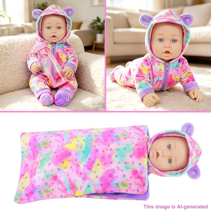 Ecore Fun 12 Inch Baby Doll with Outfit, Sleeping Bag,Pacifier, Bottle, Diaper & Care Set, Realistic Pretend Play Doll Accessories for Kids 3+