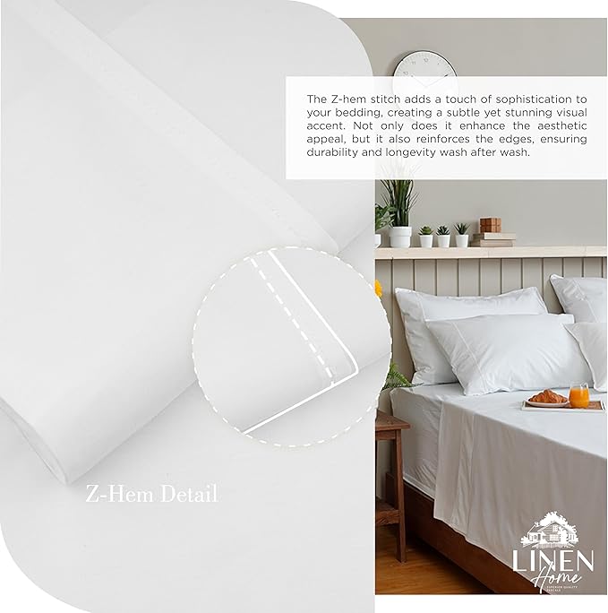 Linen Home 100% Cotton Percale Sheets Queen Size, Snow White, Deep Pocket, 4 Pieces Set - 1 Flat, 1 Deep Pocket Fitted Sheet and 2 Pillowcases, Crisp Cool and Strong Bed Linen