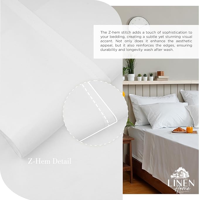 Linen Home 100% Cotton Percale Sheets Twin XL Size, Snow White, Deep Pocket, 3 Pieces Set- 1 Flat, 1 Fitted and 1 Pillowcase, Crisp Cool and Long Staple Strong Bed Linen