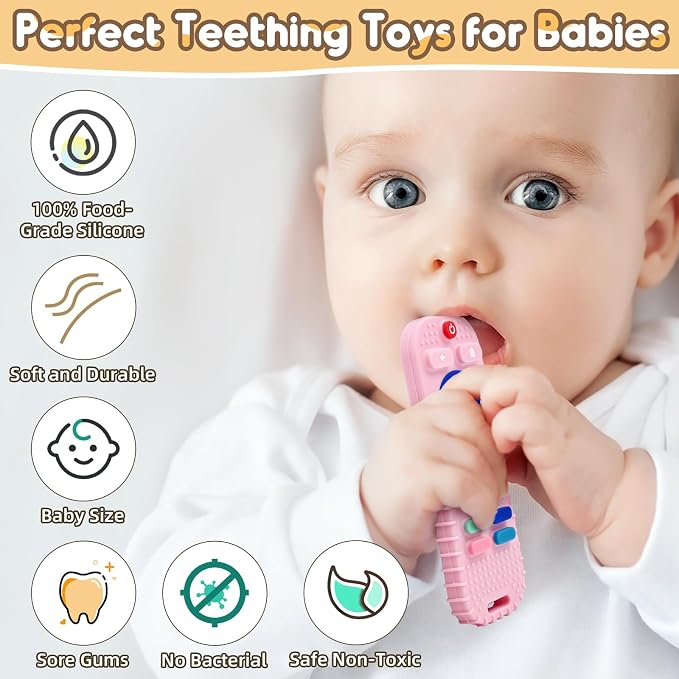 Teething Relief Teether Toys for Babies 3 6 9 12 Month Gifts, Silicone Sensory Remote Control Baby Chew Toy for Newborn Infant Autism Boy Girl Birthday or Easter, Pink & Black