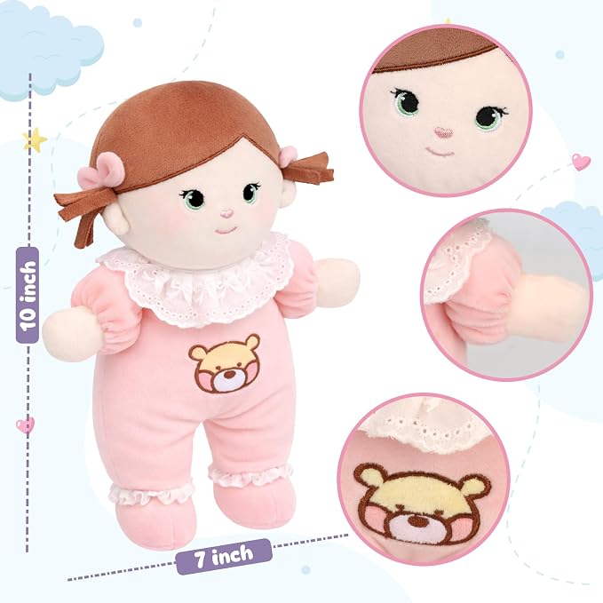 Soft Baby Doll My First Baby Rag Dolls for Kids,Snuggle Buddy Toy for 1 Year Old Girl,Birthday Gifts for Girls Infants 10"(Pink)
