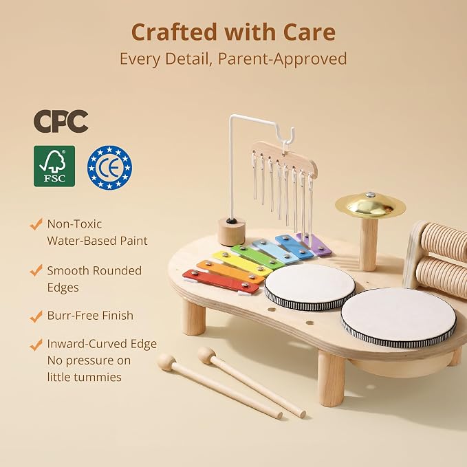 Wooden Drum Set for Toddlers 1-3, Musical Percussion Instruments for Kids Baby Drum Set Xylophone, Montessori Educational Musical Toys for Girls Boys Ages 3+