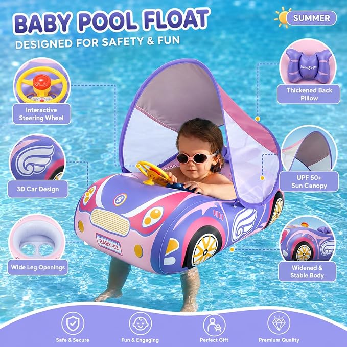 Baby Pool Float Toddler Floaties 3D Car Baby Float for 12-48 Months Inflatable Heavy Duty 0.35mm PVC Seat Boat Pool Toys Float No Flip Swimming Floaties for Boys&Girls1-5 Years