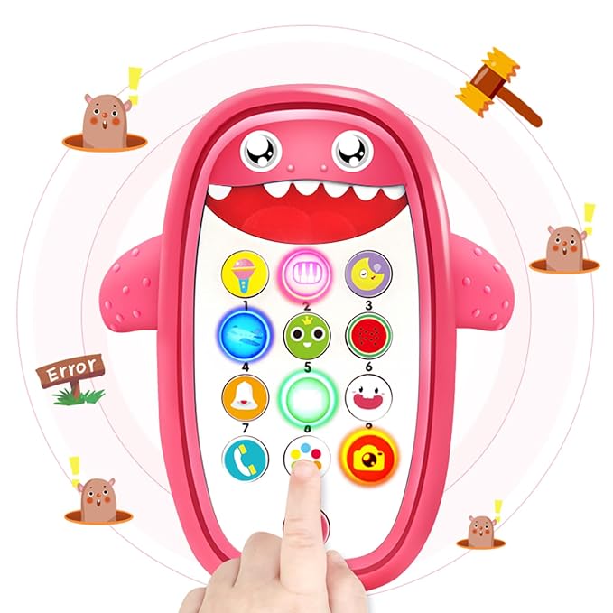 Baby Shark Cell Phone Toy Removable Teether Case, Light, Music Adjustable Volume Kid Play Learn Fake Phone Infant Toddler, Preschool Holiday Birthday Present Gift for Girl Boy 12 Months (Red)