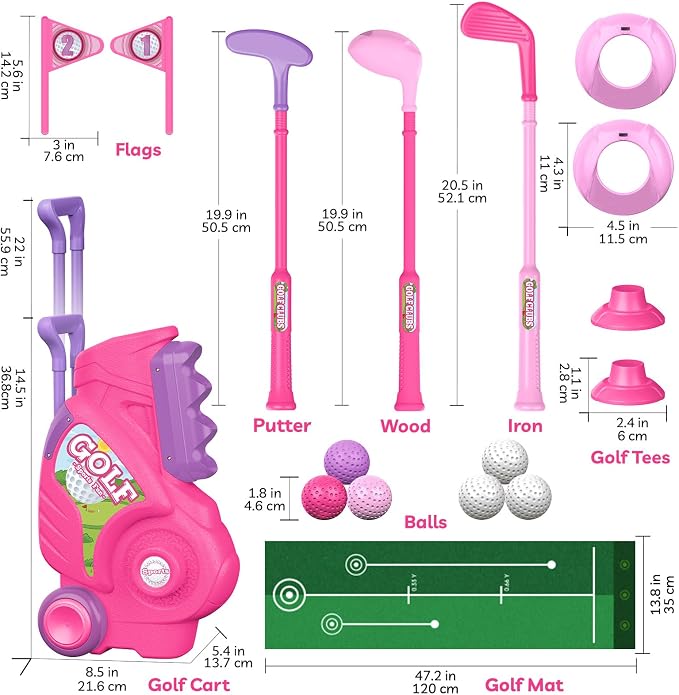 Liberry Toddler Golf Set for 2 3 4 Years Old Girls Boys, Upgraded Kids Golf Clubs Set with Golf Cart, Putting Mat, Outdoor Indoor Sports Toy Birthday Gift, Pink
