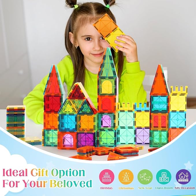 OugerToy 32-Pack Magnetic Tiles–Rainbow Builder Set, 2.95in STEM Construction Kit with Transparent Windows, Expand Creative Play for Kids
