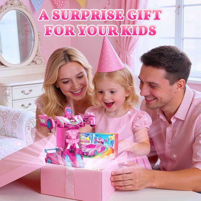 Pink Unicorn Transform RC Cars for Girls Toys with Rainbow Eyes & Underbody Lights, Fast 360°Rotation & 2.4GHz Robot Remote Control Car One-Button Deformation,Birthday Gifts for 3-12 Year Old Girls