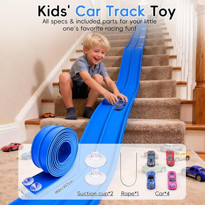 Flexible Race Track for Kids Age 3+, 15 Ft Blue Car Track with Suction Cup | Rolls Up Toddler Car Ramp Toys Compatible with Diecast 1/64th Cars, Portable Flex Tracks for Boys Indoor Outdoor Play