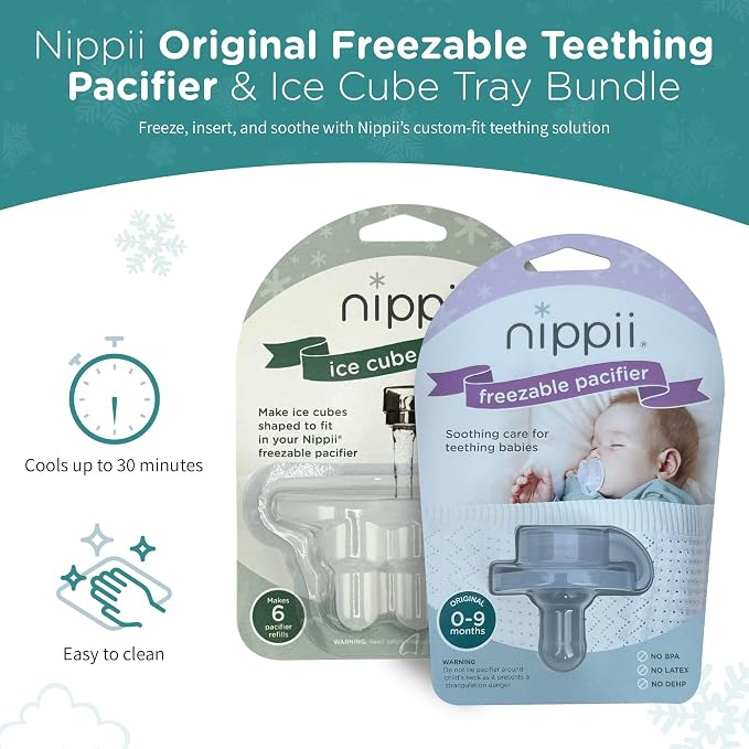 Nippii Freezable Pacifier & Ice Cube Tray, Baby Teether Toys 0-9 Months | Hands-Free, Medical-Grade Silicone, Water-Fillable, Cold. Includes Ice Cube Tray. Made in USA, CPSC Compliant, BPA Free
