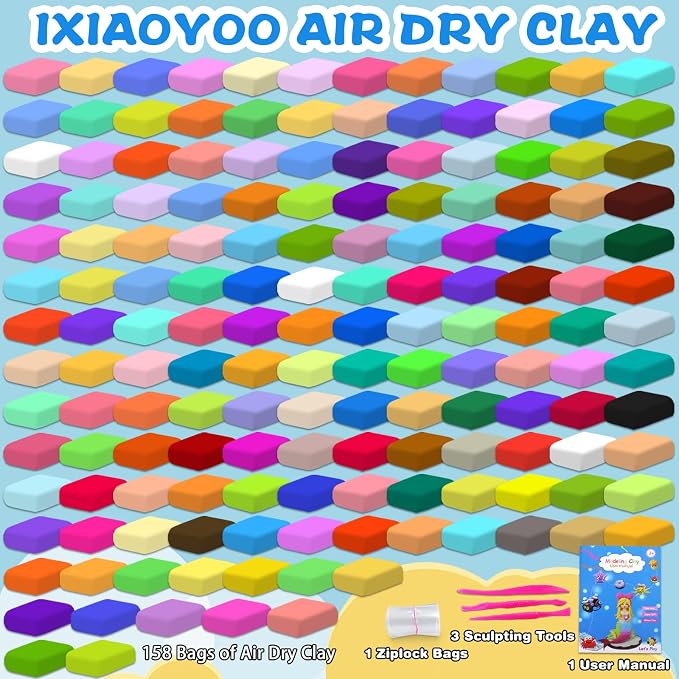 Ixiaoyoo Air Dry Clay for Kids, 158 Colors Modeling Clay Kit, DIY Model Toys with Sculpting Tools, Safe & Non-Toxic, School Arts & Crafts, Home Party Favors, Birthday Gifts for Boys & Girls Aged 3–12