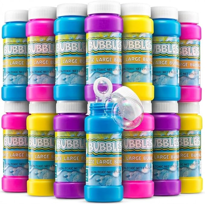 Party Bubbles for Kids - (Bulk Pack of 24) 2-oz Bubbles Bulk Solution with Bubble Wands Assorted Neon Colors for Outdoor Toys Summer Games, Birthday Party Favors, & Goodie Bags Stuffers