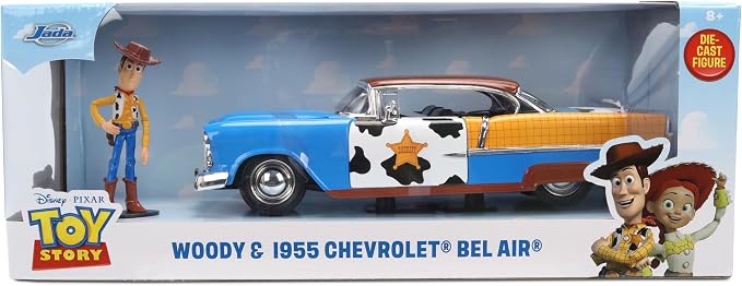 Jada Toy Story Woody 1955 Chevrolet Bel Air Die-Cast Car with Figure 1:24 Scale – Hollywood Rides Collectible Toys