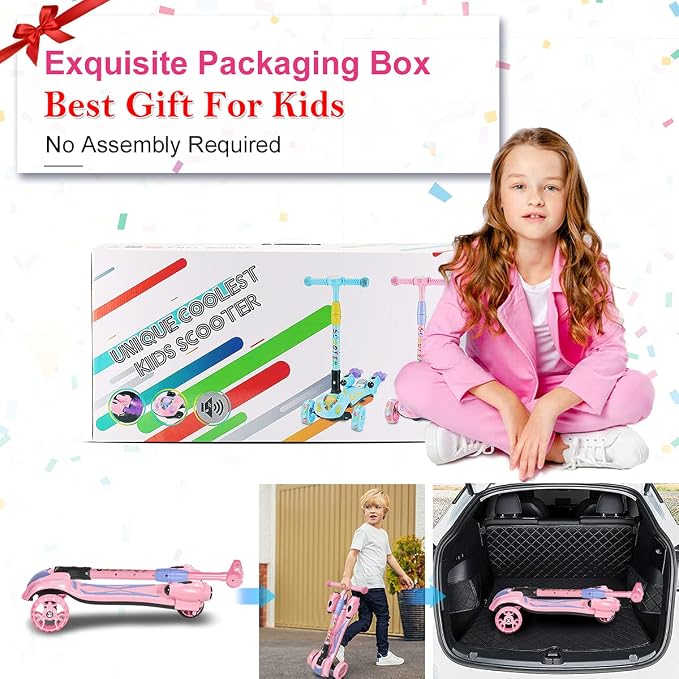 3 Wheel Scooter for Kids, Toddler Scooter with Bluetooth Music Speaker Steam Sprayer LED Lights Aluminum Alloy T-Bar, Folding Kick Scooters for Boys Girls Ages 3-10