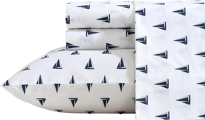 Nautica - Sheets, Cotton Percale Bedding Set with Matching Pillowcase, Crisp & Cool, Deep Pocket (Windtale Boat Navy, Twin XL)