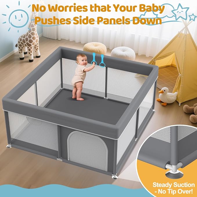 Grey Baby Playpen 64"x64" - with 2 Pull Up Rings Full Cover Anti-Collision Large Playard for Babies and Toddlers Dark Gray Pack n Play Alternative Safety Play Yard Infant Activity Center