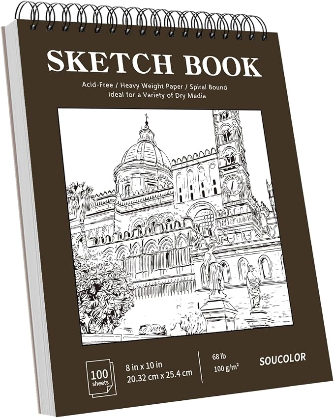 Soucolor 8" x 10" Sketch Book, 100 Sheets (68lb/100gsm) Acid-Free Drawing Paper, Spiral Bound Sketch Pad for Artist Adults Teens Kids, Art Supplies for Drawing Painting, Gift for Kids