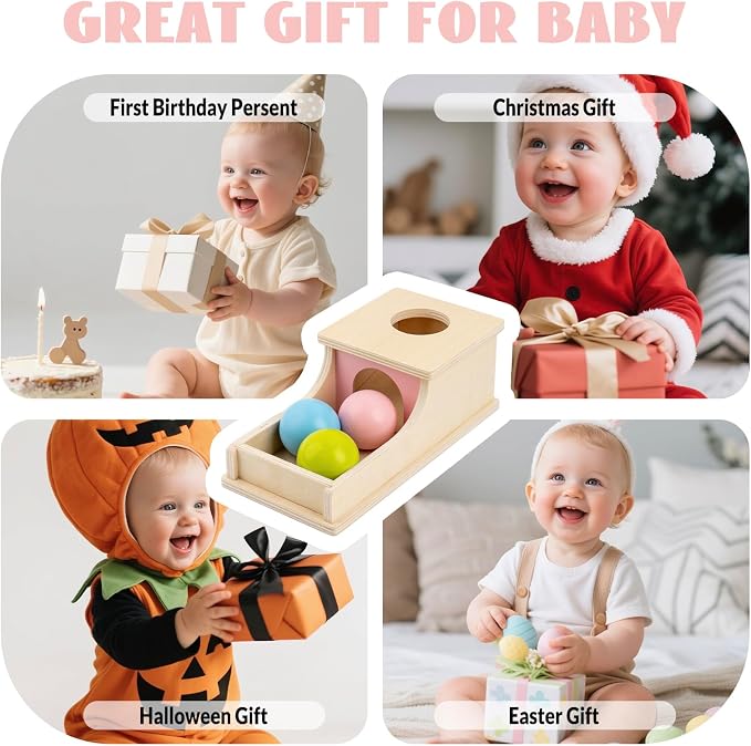 Busy edition Montessori Toys for 1 Year Old, Wooden Object Permanence Box with Tray Three Balls, Preschool Infant Toys 6-12 Months Developmental, 9 Month Old Baby Toys, Cause and Effect Ball Drop Toy