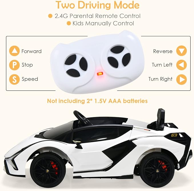 OLAKIDS Kids 12V Licensed Lamborghini SIAN Ride On Car, Electric Vehicle for Toddler with Control Remote, Battery Powered Toy with Music, Horn, 2 Speeds, Suspension, LED Lights, Bluetooth, USB (White)