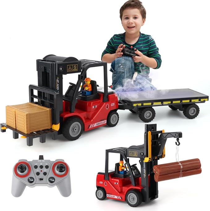 RC Forklift with Trailer, 2 in 1 Transform Lift Fork & Hook, Kids Forklift Toy with Light & Sound & Spray, 11 Channel Remote Control Forklift, Construction Vehicles Toy Gift for Kids 6+ (Red)