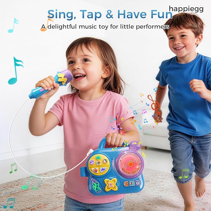 Kids Karaoke Machine with Microphone: Toddler Music Player & Light-Up Drum - Sound Toy with Handle for Boys Girls 3+, Blue