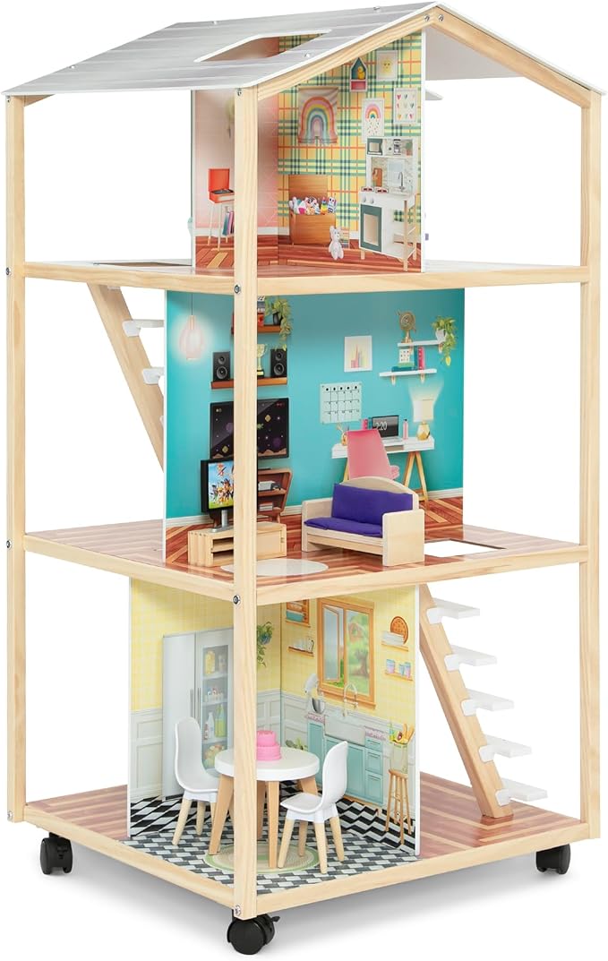 Delta Children Moveable Mansion Dollhouse - 360-Degree Play Dollhouse with Wheeled Base - Includes 16 Accessories - Fits 12-inch Dolls - Pretend Play Dream Gift for Ages 3+