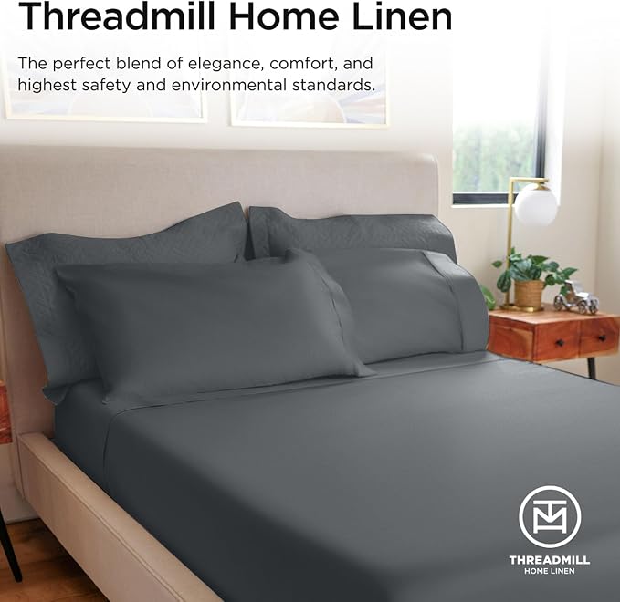 Hotel Quality Luxury 600 Thread Count 100% Cotton Twin Size Sheets, 3 Pc Sateen Weave Dark Grey Sheet Set, Premium Soft Sheets with Elasticized Deep Pocket by Threadmill