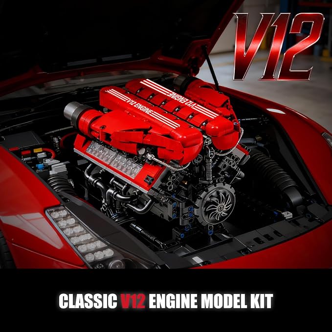 V12 Engine Model Kit That Runs, 12-Cylinder Sports Car Engine Building Set with Rechargeable Motor, Compatible with Lego for Adults, Engineering Construction STEM Toy for Teens (1607 PCS)