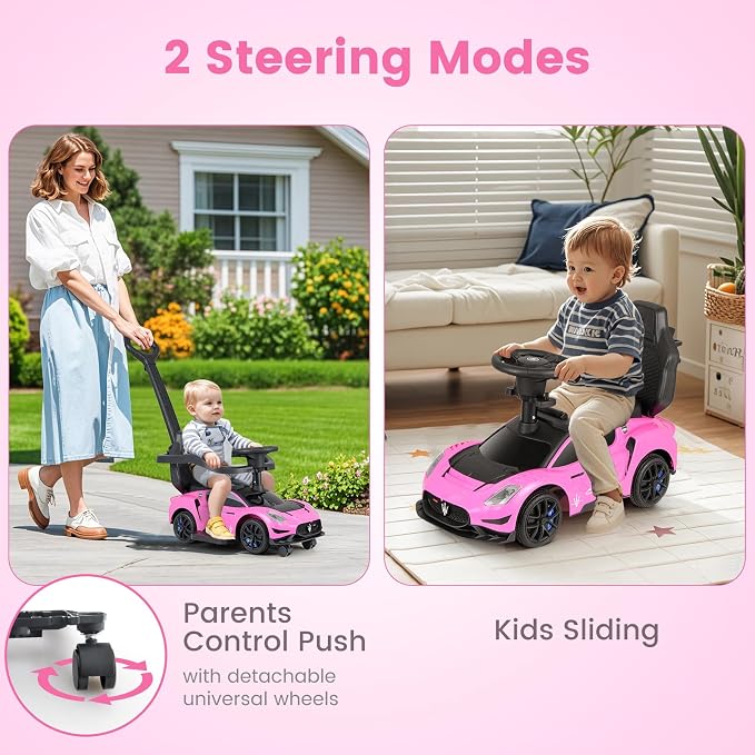 OLAKIDS Push Car for Toddlers, Licensed Maserati 3 in 1 Baby Ride on Sliding with Parent Control Handle, Universal Wheels Safe Guardrails Under Seat Storage, Kids Walking Toy with Music Horn (Pink)