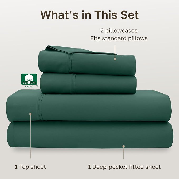 California Design Den Soft 100% Cotton Sheets Full Size Set, 400 Thread Count Good Housekeeping Award Winner, Silky Sateen Weave with Deep Pockets, Long Staple Cotton Bed Sheet Set - Hunter Green