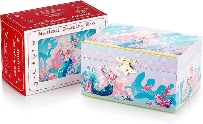 RR ROUND RICH DESIGN Kids Musical Jewelry Box for Girls Include Pretty Jewelry Set with Cute Mermaid Theme - Beautiful Dream Tune Blue