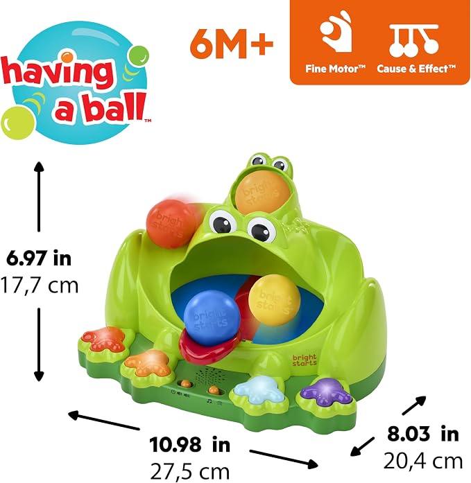 Bright Starts Poppin' Ball Frog Ball Play Toy, Launching, Bouncing & Ramp Racer Toy, Crawl and Chase, Unisex, 6 Months+