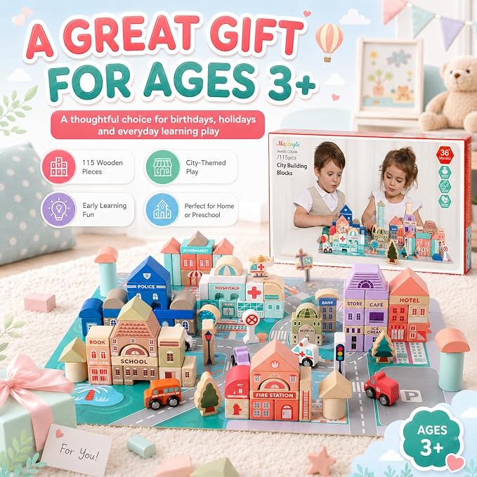 Migargle Wooden Building Blocks Set, 115 Pcs City Construction Stacker Stacking Preschool Learning Educational Toys, Toddler Toys for 3+ Year Old Boy and Girl Gifts