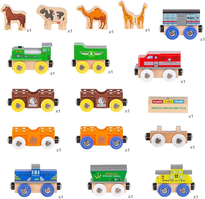 ORBRIUM Wooden Train Set 12 Magnetic Train Cars & Engines 18 PCS Collection Animal Trains Circus Farm Safari Zoo Compatible w Thomas Brio Melissa & Doug Wooden Railway for Toddlers Kids
