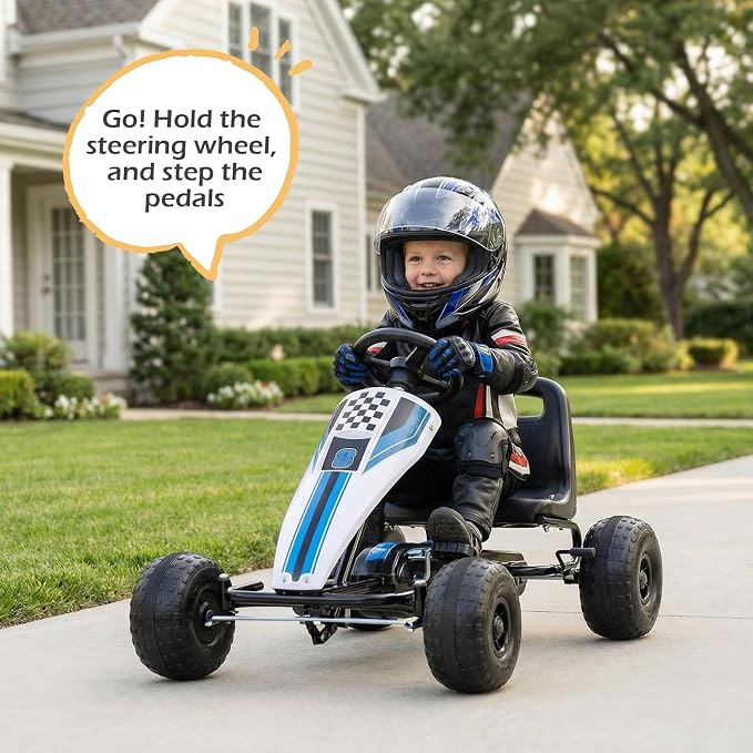 Costzon Pedal Go Kart, 4 Wheel Ride on Toy Pedal Car with Adjustable Seat, Handbrake, Free-Wheel & Pedal Modes, Outdoor Bicycle Go Cart with Wear-Resistant Wheels, Gift for Boys and Girls (White)