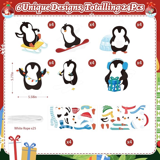 PAIVSUN 24Pcs Christmas Craft Kits, DIY Penguin Stickers Cutouts Ornaments Kit, Make Your Own Christmas Craft for Xmas Tree Decorations Winter Party Handcraft Supplies