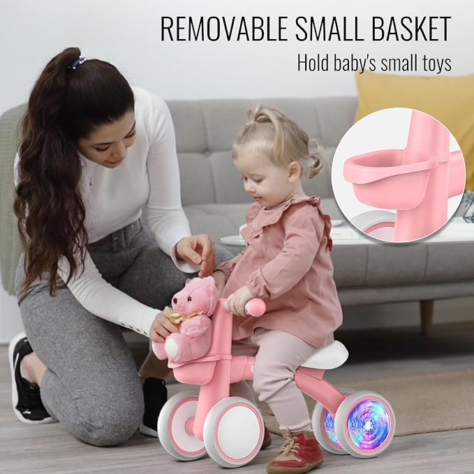 Umatoll Colorful Lighting Baby Balance Bike Toys for 1 Year Old Girl Gifts, Adjustable Seat, First Birthday Gifts, 12-24 Months Toddler Bike, Pink