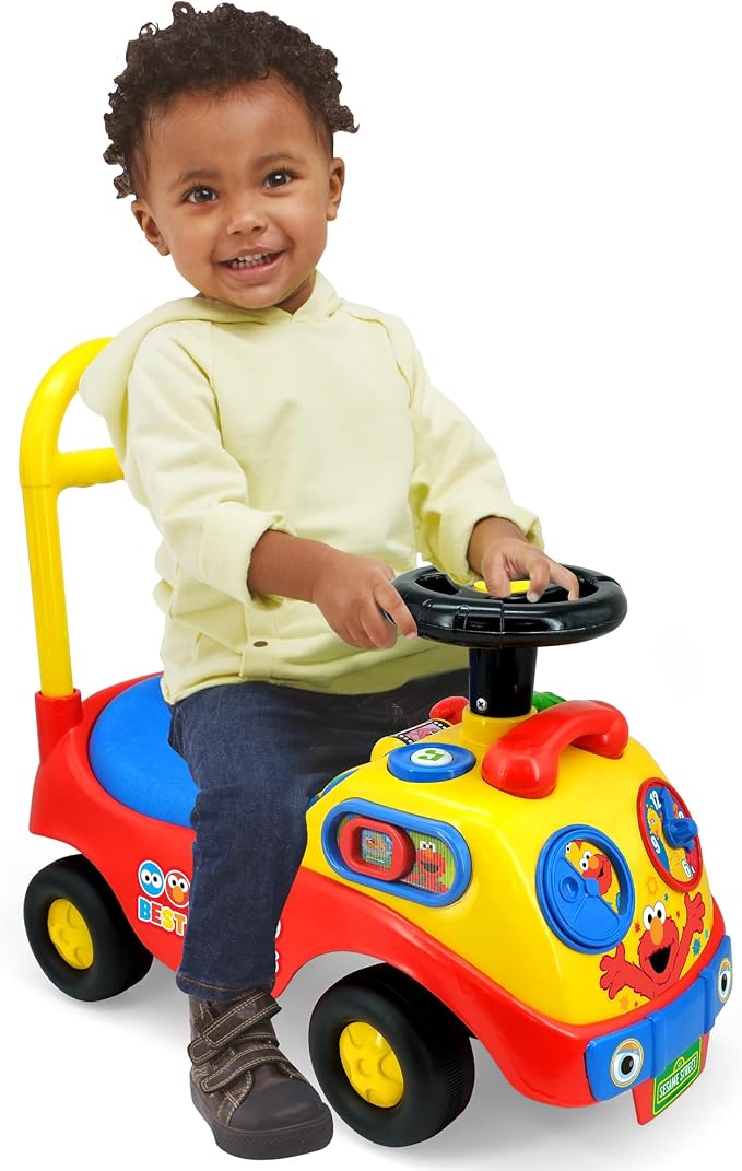 Kiddieland My First Activity Ride-On Elmo, Light & Sound Foot-to-Floor Toy with Interactive Dashboard, Seat Storage, Push Handle, Steering Wheel, Ages 12–36 Months