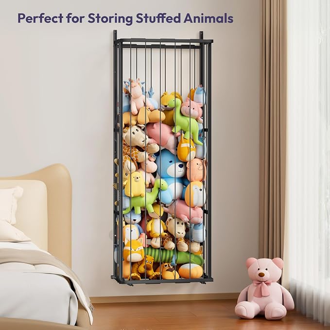 SWTYMIKI Hanging Stuffed Animal Storage - Over Door Large Plush Toy Organizer, Wall Mounted or Corner Stuffie Storage for Nursery, Doll & Bear Plush Organizer for Kid Room Bedroom (Black, 3-Tier)