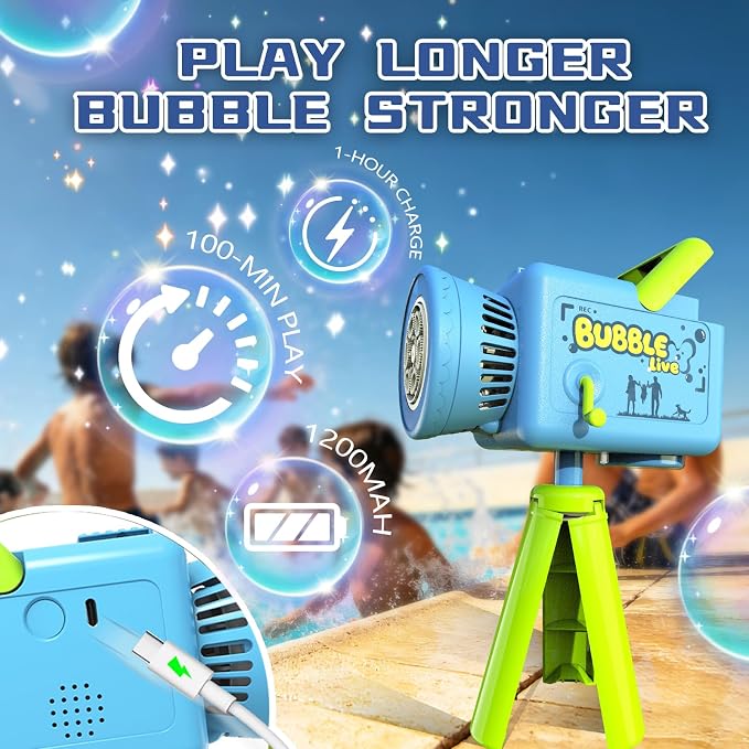 Kids Bubble Camera, Rechargeable Outdoor Bubble Machine with Tripod, USB Toy Gift for Party Birthday Camping