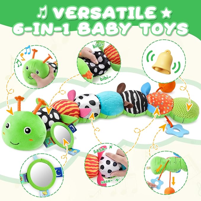 AWOTOY Baby Toys 0-6-12 Months,Musical Caterpillar Stuffed Animals Activity Infant Toys with Crinkle,Rattles,Mirror&Pull String,Muti-Sensory Toys Gifts for Newborn Tummy Time,Kelly Green|Leafy