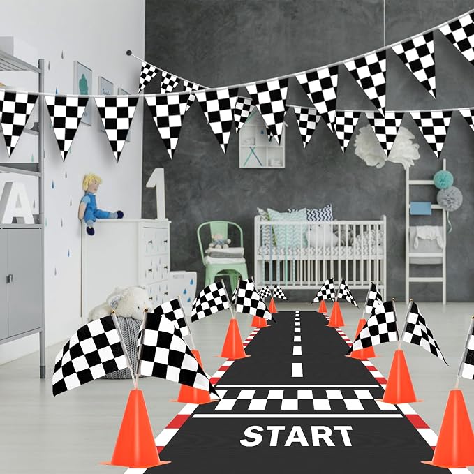 AHIER 38 Pcs Traffic Cones and Racing Flags Set - 12 Plastic Cones With Hole, 24 Checkered Flags With Sticks, 6.5Ft Racetrack Floor Runner and 9.8ft Race Track Banner