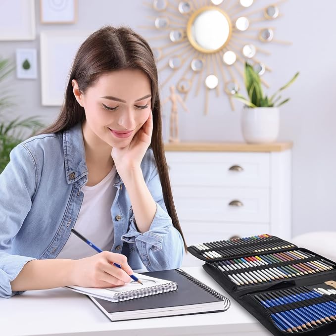 PANDAFLY 80 Drawing Set Sketching Kit, Art Supplies with 3-Color Sketchbook & Watercolor Paper, Include Tutorial, Colored, Graphite, Charcoal, Watercolor & Metallic Pencil, for Beginners & Pro Artists